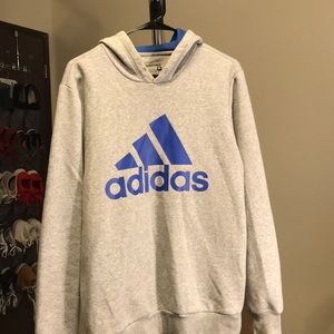 Light grey Adidas hoodie with blue accent